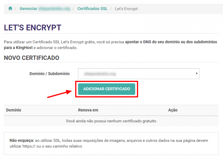 Adicionar certificado SSL Let