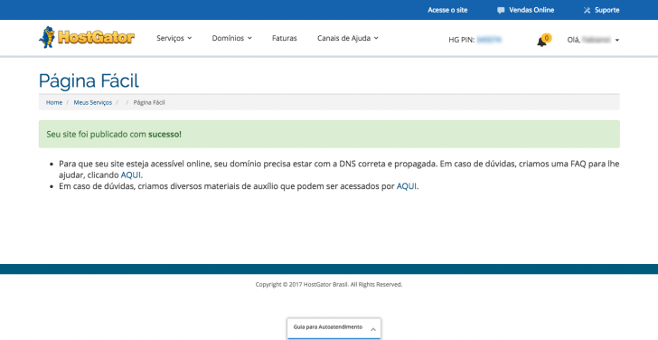 Aviso de que sua página foi publicada