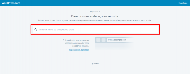 Campo para definição de nome para o seu blog WordPress