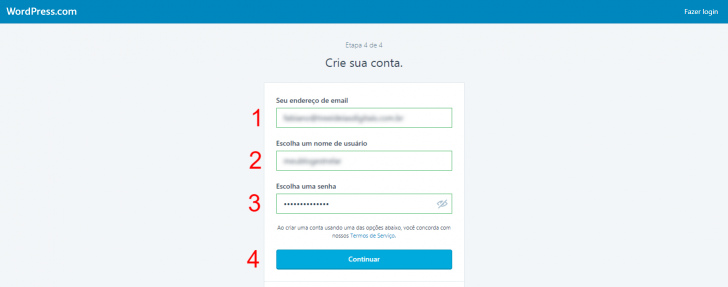 Criação da conta em WordPress.com