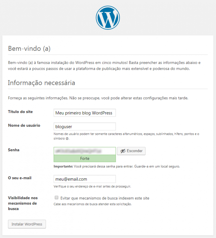 Tela de instalação do WordPress