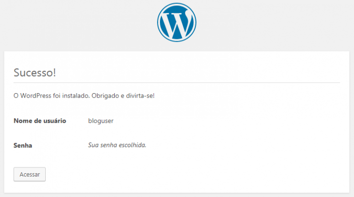 Tela de confirmação de instalação do WordPress