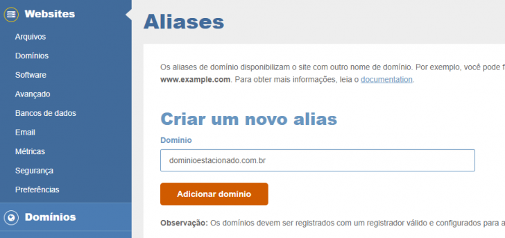 cPanel: adicionar domínio estacionado