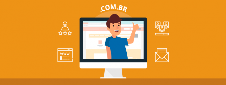 Ilustração de um monitor de computador com um homem saindo da tela e fazendo sinal de jóia com a mão esquerda. No topo da imagem está o texto .com.br.