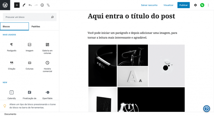 Tela de edição de post dentro do WordPress.com