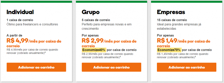 E-mail Profissional GoDaddy - tabela de preços e planos