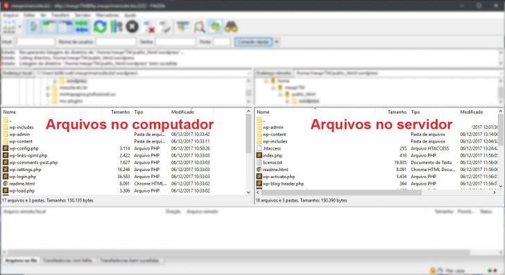 Visualização de arquivos no Filezilla