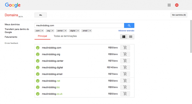 Tela de registro do Google Domains