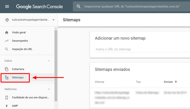 Painel de sitemaps no Google Search Console