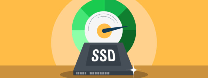 Hospedagem com SSD - ilustração de unidade SSD com u velocímetro logo acima.
