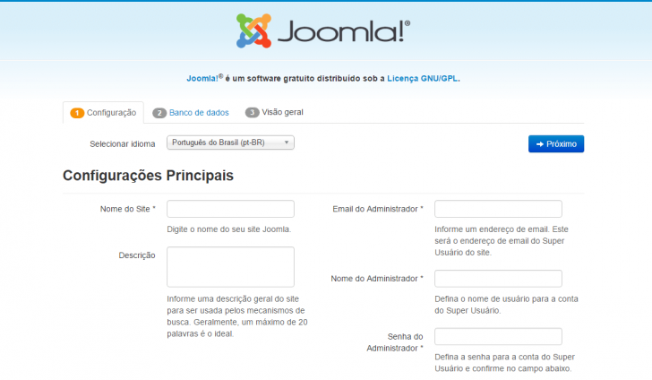 Tela de instalação do Joomla