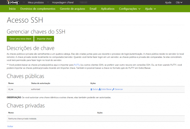 Gerenciamento de chaves SSH no cPanel da GoDaddy