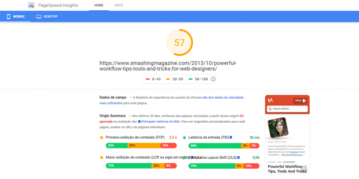 Tela do Page Speed Insights, do Google, exibindo recomendações para melhorar o desempenho de um site