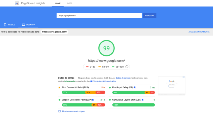 Exemplo de resultado de pesquisa no PageSpeed Insights