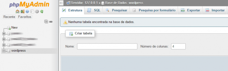 PHPMyAdmin base vazia