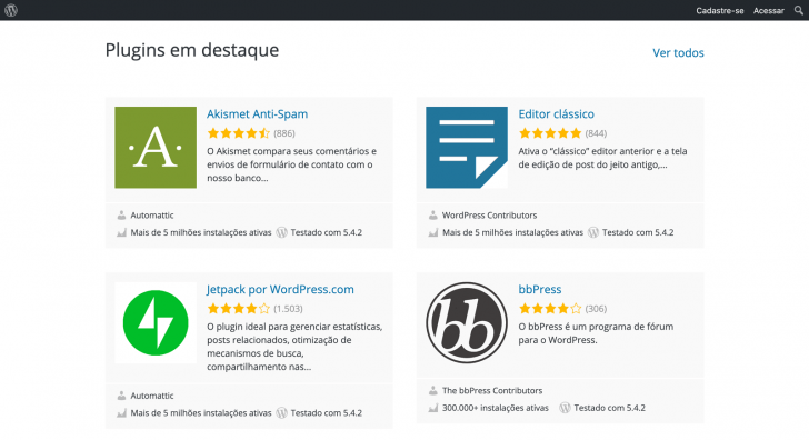 Lista de plugins disponíveis no WordPress