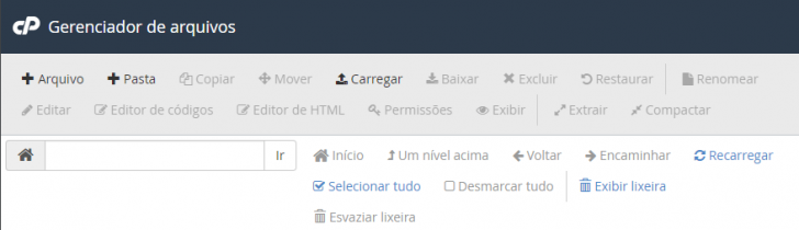 Ações disponíveis do gerenciador de arquivos do cPanel