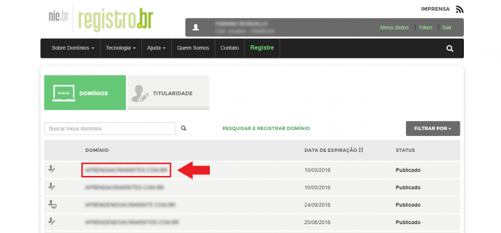 Lista de domínios no painel do Registro.br