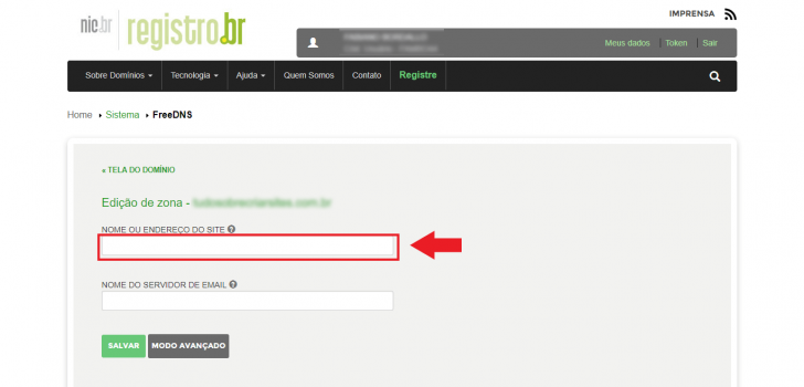 Para redirecionar um domínio pelo Registro.br, informe o endereço no campo correspondente