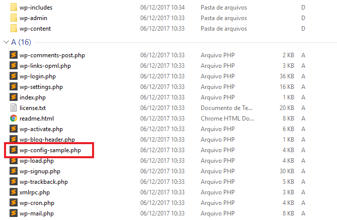 Arquivo wp-config-sample.php no diretório de arquivos